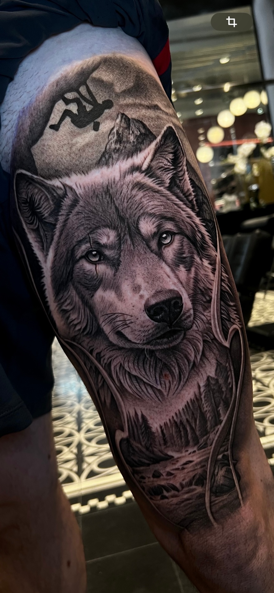 Hyper realism wolf leg sleeve tattoo
